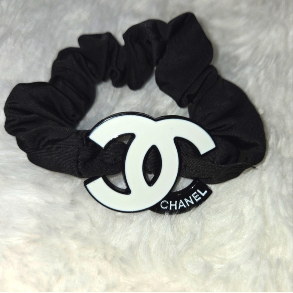 CHANEL Black Scrunchie with White CC Logo Accent